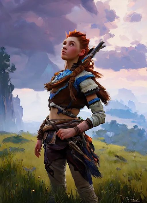 Prompt: portrait of a american Aloy from Horizon Zero Dawn in the style of League of Legends practicing, countryside, calm, fantasy character portrait, dynamic pose, above view, sunny day, thunder clouds in the sky, artwork by Jeremy Lipkin and Giuseppe Dangelico Pino and Michael Garmash and Rob Rey and Huang Guangjian, face by Fernanda Suarez and Greg Manchess, very coherent asymmetrical artwork, sharp edges, perfect face, simple form, 100mm