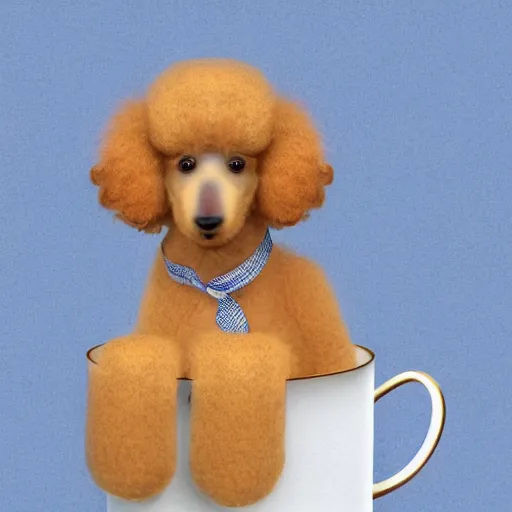 Image similar to very realistic cute poodle sitting inside a tea cup