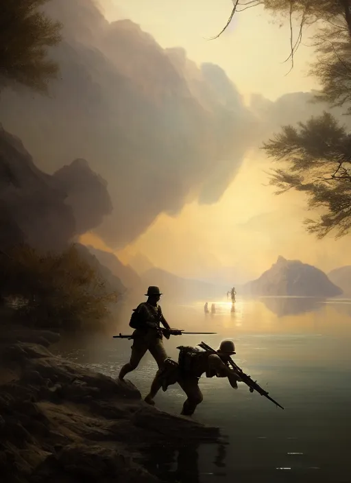 Image similar to Two soldiers trying to walk inside a lake, Battlefield 1, extremely detailed digital painting, in the style of Fenghua Zhong and Ruan Jia and jeremy lipking and Peter Mohrbacher, mystical colors, rim light, beautiful Lighting, 8k, stunning scene, raytracing, octane, trending on artstation