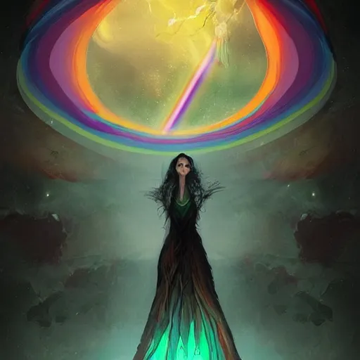 Prompt: a witch in the rainbow universe waiting for superpower from other galaxy, concept art trending on artstation,