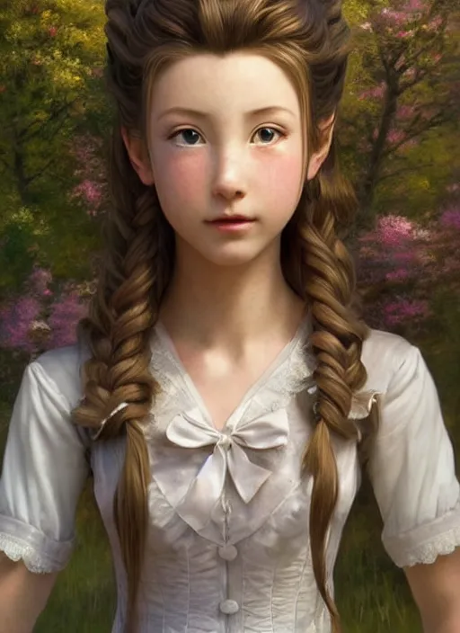 Prompt: elegant Aerith Gainsborough looks intently at you in wonder, dressed in school uniform. ultra detailed painting at 16K resolution and epic visuals. epically surreally beautiful image. amazing effect, image looks crazily crisp as far as it's visual fidelity goes, absolutely outstanding. vivid clarity. ultra. iridescent. mind-breaking. mega-beautiful pencil shadowing. beautiful face. Ultra High Definition. process twice.