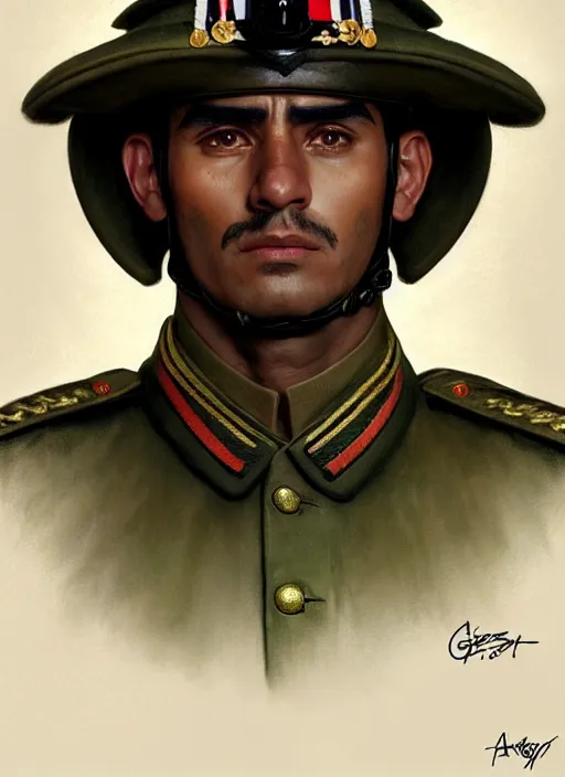 Image similar to portrait of stoic looking very handsome peruvian soldier, military uniform, black hair, thick eyebrows, fantasy, intricate, elegant, highly detailed, centered, dark, smokey, digital painting, artstation, concept art, smooth, sharp focus, illustration, art by artgerm and greg rutkowski and alphonse mucha