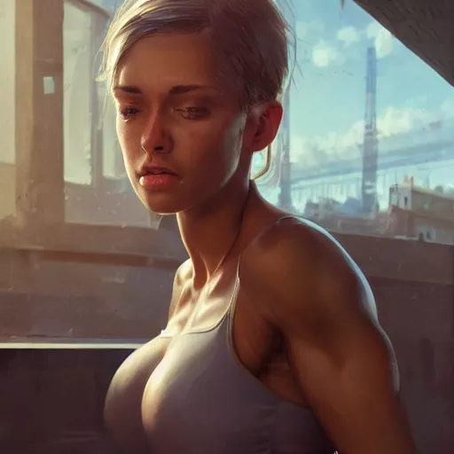 Image similar to a very cute woman with muscles, digital art, photorealistic, unreal engine, 8 k resolution, artstation, beautiful face, pretty face, very detailed eyes, by wlop, greg rutkowski, simon bosley