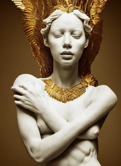 Image similar to a statue made of white marble with gold veins, of an beautiful gorgeous angel girl, full body shot, perfect symmetrical body, perfect symmetrical face, no eyes, hyper realistic, hyper detailed, fujicolor superia 1 6 0 0 photo, by johannen voss, by peter kemp, by monia merlo, by michelangelo octane render, blender, 8 k