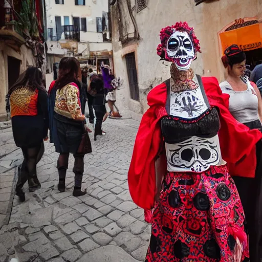 Image similar to women wearing la muerte mask and sardinian traditional female dress