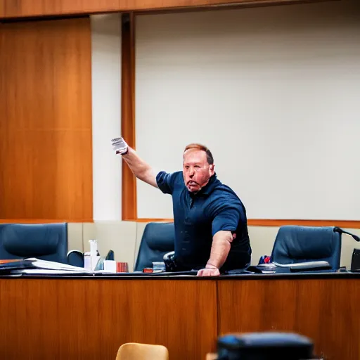 Prompt: Alex Jones desperately reaching for his out of reach phone in the courtroom, EOS 5DS R, ISO100, f/8, 1/125, 84mm, RAW, Dolby Vision, Vision AI