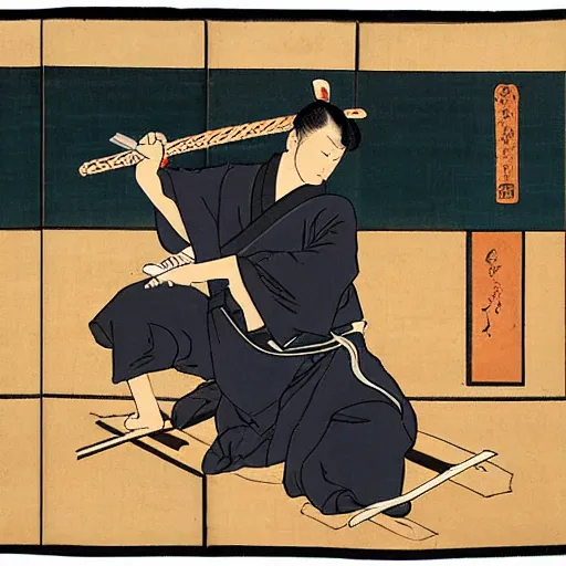Prompt: Edo period Japan Ronin cleaning his sword in the style of an ancient painting