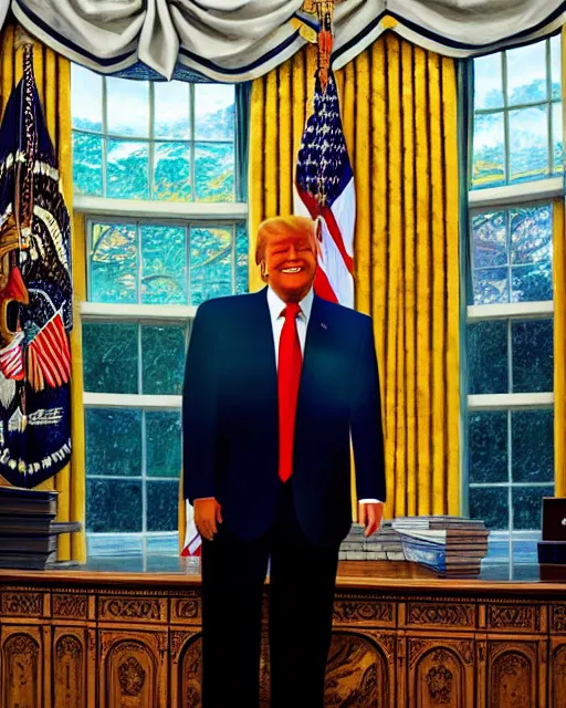 Image similar to donald trump full body painting at oval office, happy, smirk, by craig mullins, by dan mumford, by marc simonetti, atmospheric lighting, intricate, volumetric lighting, beautiful, rich deep colours masterpiece, golden hour, sharp focus, ultra detailed