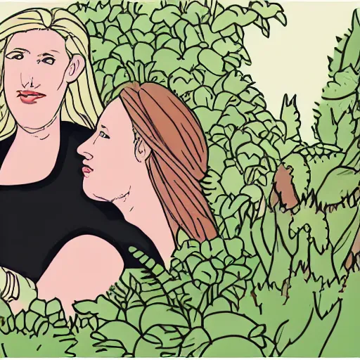 Image similar to couple cuddling, two women, one short - haired blonde, one goth brunette, in garden, romantic, highly detailed illustration