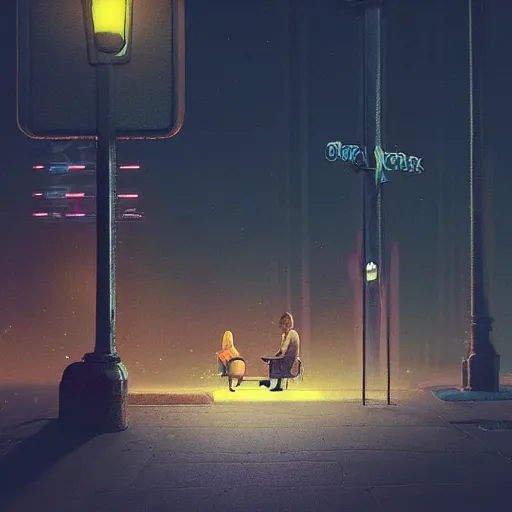 Image similar to some people waiting at bus stop in dark city night : : by beeple and james gilleard and justin gerard : :, centered, artstation, smooth, sharp focus, photoreal octane render, 3 d, by jean - baptiste monge!!!!!!!