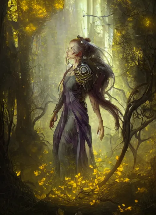 Image similar to intricate oil painting portrait by Anna Dittmann depicting a stunning female fantasy cleric in a bright temple surrounded by yellow spring forest and dead trees, evening, atmospheric lighting, intricate detail, cgsociety, hyperrealistic, octane render, RPG portrait, ambient light, dynamic lighting