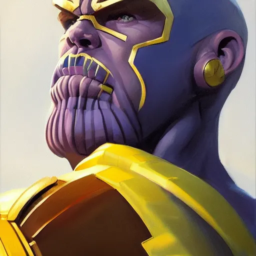 Image similar to greg manchess portrait painting of thanos as overwatch character, medium shot, asymmetrical, profile picture, organic painting, sunny day, matte painting, bold shapes, hard edges, street art, trending on artstation, by huang guangjian and gil elvgren and sachin teng