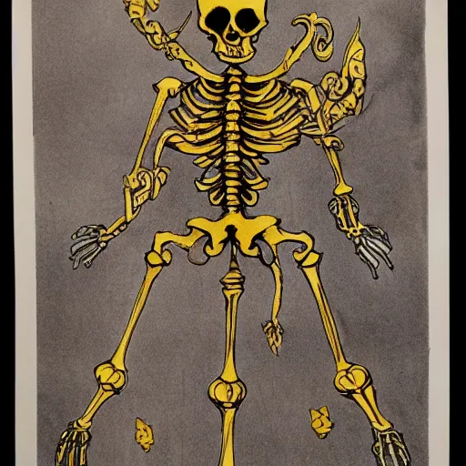 Image similar to Picture of an ornate and extravagant glowing skeleton. Lithograph with watercolor hand colored, gilded trim.