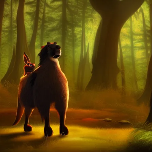 Image similar to medium shot native american with animal companion, in a dark forest, mysterious, backlit, still from a pixar dreamworks movie, trending on artstation