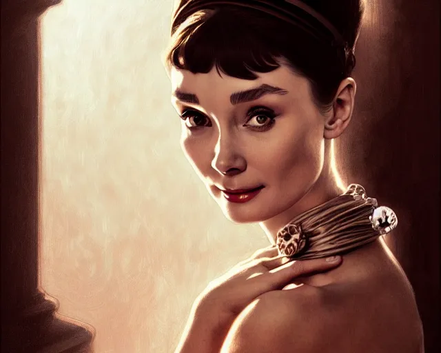 Image similar to photography of audrey hepburn, deep focus,, intricate, elegant, highly detailed, digital painting, artstation, concept art, matte, sharp focus, illustration, art by artgerm and greg rutkowski and alphonse mucha