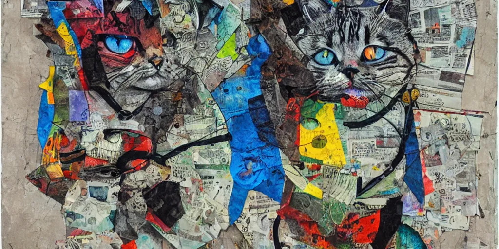 Image similar to mad cat on a chain, collage, acrylic on canvas, lines with colored pencils, newspaper clippings, expressionism movement, breathtaking detailed, by blake neubert