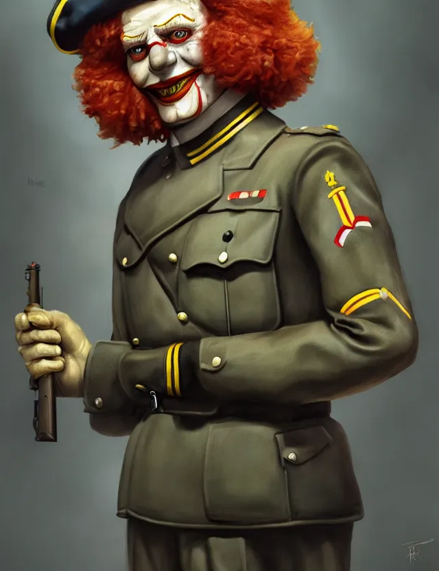 Image similar to a portrait of ronald mcdonald wearing a ww 2 german uniform, by moebius and tyler edlin and hr giger, trending on artstation, digital art, 4 k resolution, detailed, high quality, sharp focus, hq artwork, coherent, insane detail, concept art