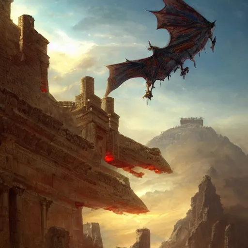 Prompt: Red dragons flying high above an ancient roman temple perching on top of a mountain rising out of a sea of clouds in a blue sky. Detailed art by Marc Simonetti, Greg Rutkowski, trending on artstation, fantasy