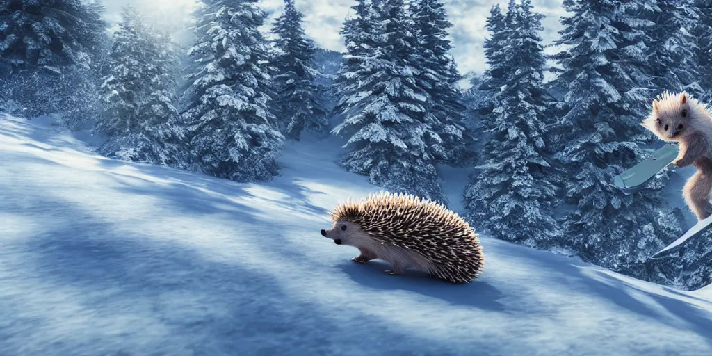 Image similar to ”hedgehog snowboarding in the alps, photorealistic, beautiful, volumetric lighting”