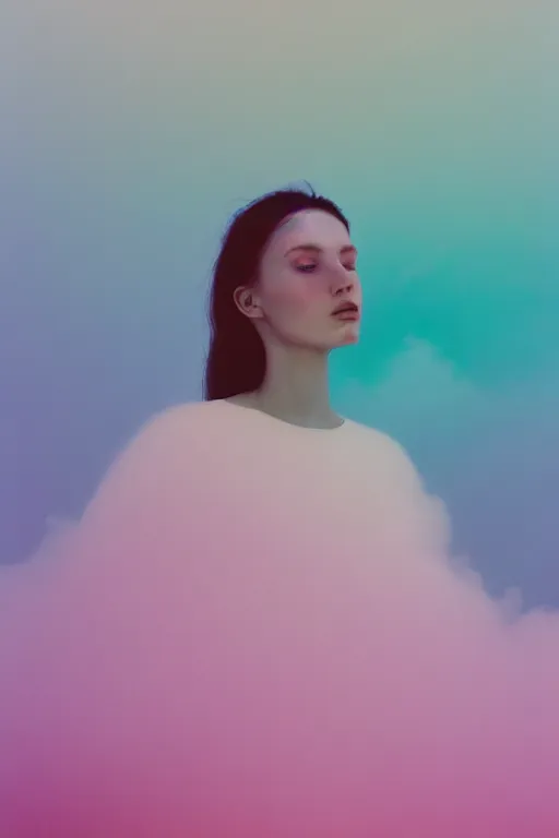 Image similar to high quality pastel coloured film close up wide angle photograph of a model wearing clothing resting on cloud furniture in a icelandic black rock!! environment in a partially haze filled dreamstate world. three point light, rainbow. photographic production. art directed. pastel colours. volumetric clouds. pastel gradient overlay. waves glitch artefacts. extreme facial clarity. 8 k. filmic.