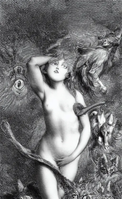 Image similar to a psychedelic sculpture of a kawaii catgirl by gustave doré