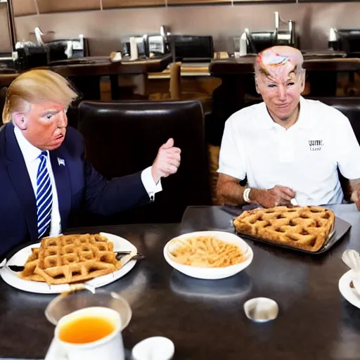 Prompt: trump and Biden sitting and eating breakfast at a Wafflehouse