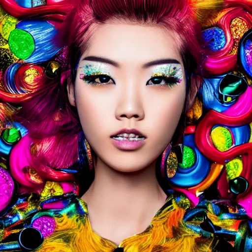 Image similar to japanese model with maximalist hair style and makeup, bright colors, fashion model, portrait shot, glitter, depth of field, 8 k, hyper detailed, intricate, trending on artstation