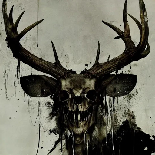 Image similar to lehsen with deer skull deer antlers by emil melmoth zdzislaw belsinki craig mullins yoji shinkawa realistic render ominous detailed photo atmospheric by jeremy mann francis bacon and agnes cecile ink drips paint smears digital glitches glitchart