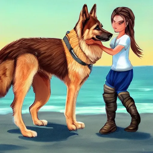 Image similar to girl riding a giant German shepherd at the beach, trending on artstation