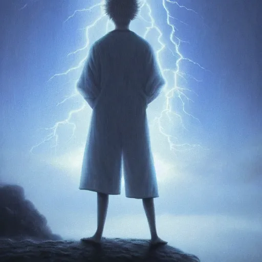 Image similar to killua zoldyck made by zdzisław beksinski, thunderstorm, lighting, blue, pose, 8 k, detailed, high quality, 8 k