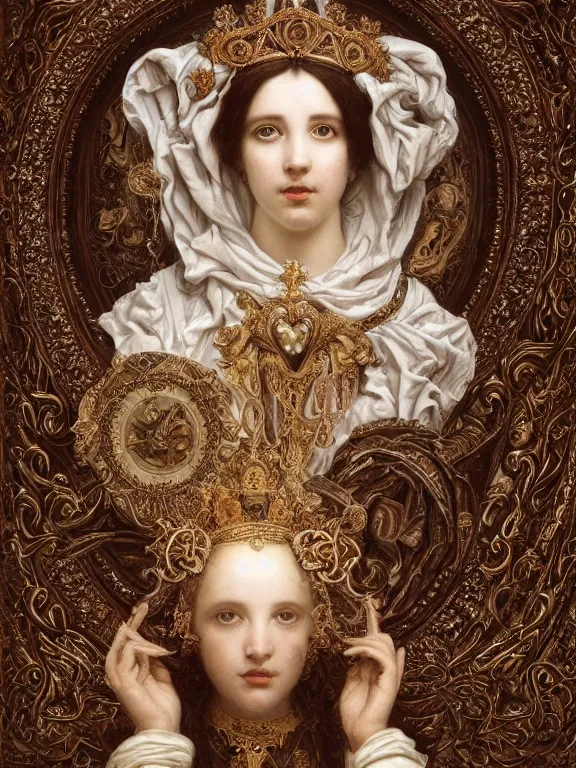 Image similar to a beautiful render of two baroque catholic veiled queen with symmetry intricate detailed heart,relief sculpture,pray,by Lawrence Alma-Tadema, Maria Mirage,peter gric,aaron horkey,Billelis,trending on pinterest,hyperreal,gold,silver,ivory,maximalist,glittering,golden ratio,cinematic lighting