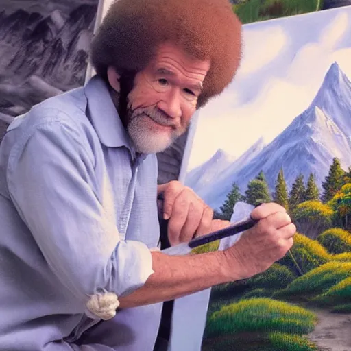 Image similar to a closeup photorealistic photograph of bob ross working on a canvas painting of cookie monster. film still. brightly lit scene. mountains and trees. this 4 k hd image is trending on artstation, featured on behance, well - rendered, extra crisp, features intricate detail, epic composition and the style of unreal engine.