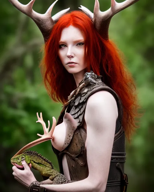 Image similar to 5 5 mm portrait photo of an armored redhead woman with antlers and a an iguana sitting on her shoulder by luis royo. highly detailed 8 k. intricate. lifelike. soft light. nikon d 8 5 0. cinematic post - processing