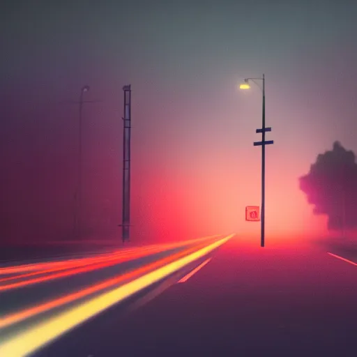 Image similar to A stunningly beautiful award-winning 8K high angle cinematic movie photograph of a foggy intersection in an abandoned 1950s small town at night, by Edward Hopper and David Fincher, cinematic lighting, perfect composition, moody low key volumetric light.