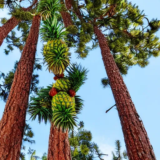 Prompt: photograph of pineapples on a lodgepole pine tree, high quality, 4 k, realistic