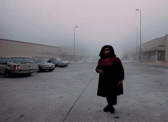 Image similar to cinematic screenshot wide shot of octavia spencer in a foggy abandoned sears parking lot, paranoia everywhere, screenshot from the tense thriller film ( 2 0 0 1 ) directed by spike jonze, volumetric hazy lighting, moody cinematography, 3 5 mm kodak color stock, 2 4 mm lens, ecktochrome