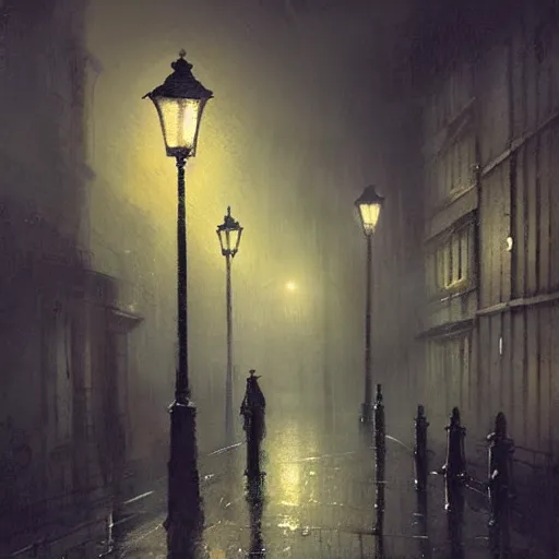 Prompt: Industrial age London street at night, dimly lit by gaslight, eerie, painting, by Greg Rutkowski