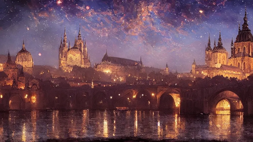 Image similar to a beautiful painting of a view from the river of a arabian prague cathedral palaces, at night with a sky full of stars, intricate, elegant, highly detailed, digital painting, artstation, concept art, by krenz cushart and artem demura and john williams waterhouse