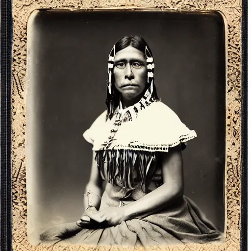 Prompt: an analog 120mm film portrait of a Comanche woman mid-twenties, 1860, cinematic, long hair, glass plate photography, hq, detailed, realistic