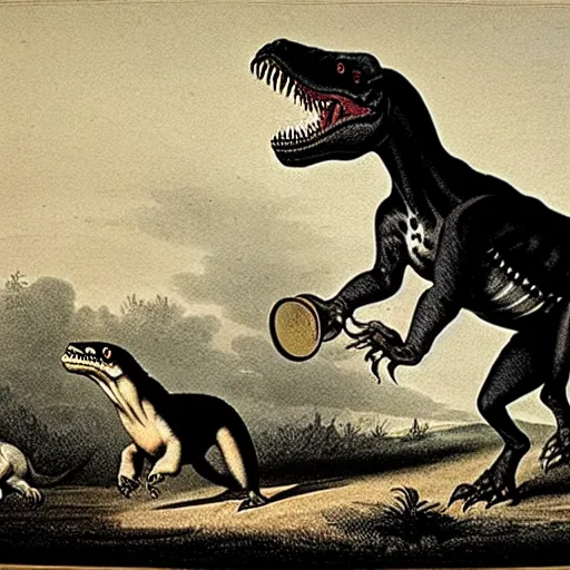 Image similar to antique lithograph from 1 8 0 0 of tyrannosaurus rex feeding his pet dog, running in a field