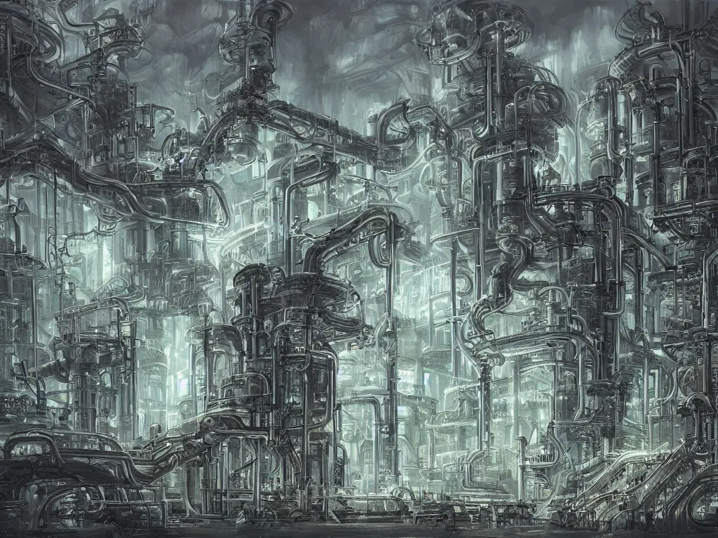 Image similar to futuristic chemical plant with gothic elements, fantasy painting, lots of detail