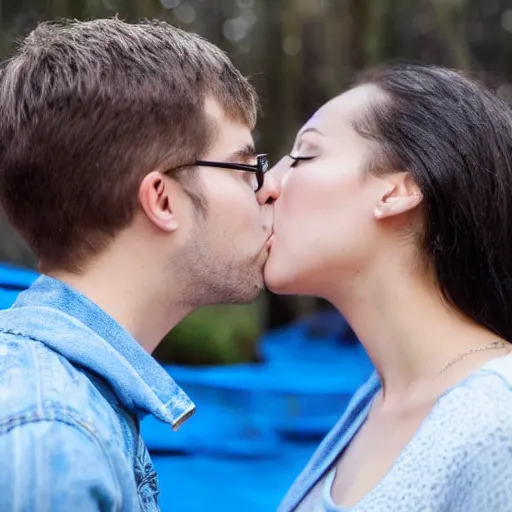 Image similar to couple kissing with bright blue glue paste in faces