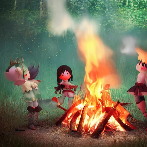 Image similar to cute fumo plush manic happy pyromaniac girl giddily starting a huge bonfire in the forest, horned demon imp girl, stylized pbr anime shader, burning flames, warm glow and volumetric smoke vortices, filmic, rule of thirds composition, vignette, vray