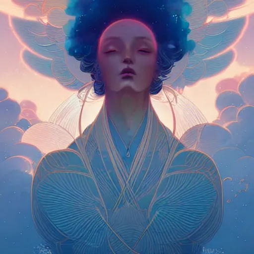 Image similar to an angel of the dawn light, in the heavens by victo ngai, peter mohrbacher digital art