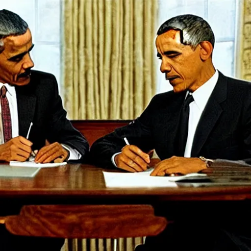 Prompt: Walter White and Barack Obama signing an agreement, 1967 photo