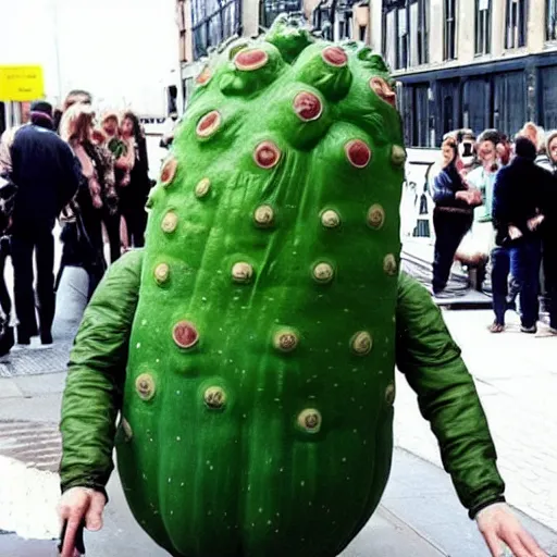 Prompt: green slimy spotty astronaut suit face benedict cumberbatch, big cucumber with human head!!! benedict cumberbatch!