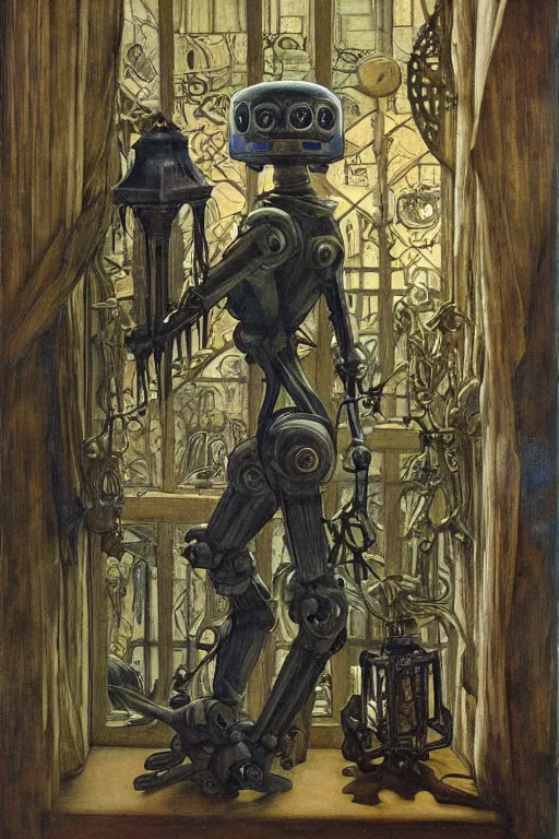 Prompt: the robot queen of bones and her lantern by the window,by Annie Swynnerton and Diego Rivera and Elihu Vedder, symbolist, dramatic lighting, elaborate geometric ornament, Art Brut, soft blues and greens,smooth, sharp focus, extremely detailed, Adolf Wölfli