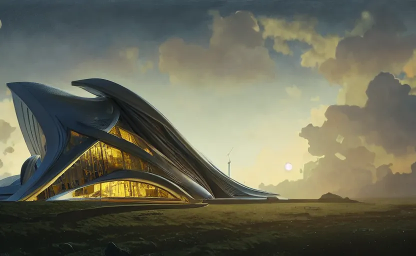 Image similar to exterior shot of utopian architecture building with cinematic lighting by zaha hadid and renzo piano, darek zabrocki and greg ruthkowski, alphonse mucha, simon stalenhag, cinematic, holy place, paradise, scifi, futurism, atmospheric, sunset, concept art, artstation, trending on artstation