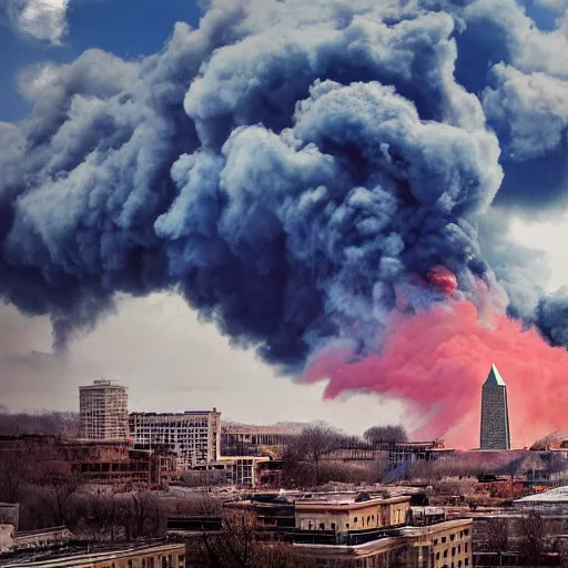 Image similar to dystopian, destroyed washington dc, real, blue sky, smoke, red clouds, detailed, award winning, masterpiece, photograph, cinematic, hyperrealism