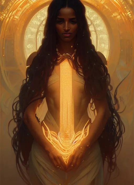 Image similar to portrait of ciara, intricate, elegant, glowing lights, highly detailed, digital painting, artstation, glamor pose, concept art, smooth, sharp focus, illustration, art by wlop, alphonse mucha and greg rutkowski